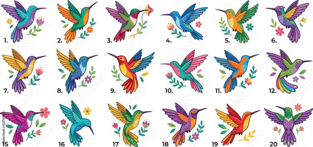 Fototapeta premium Colorful hummingbird vector icons set with flying tropical birds and floral elements