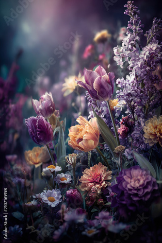 Spring season, garden, flower, fresh, life. A vibrant bouquet of tulips, daisies, and other flowers, rendered in a digital art style with a blurred background.