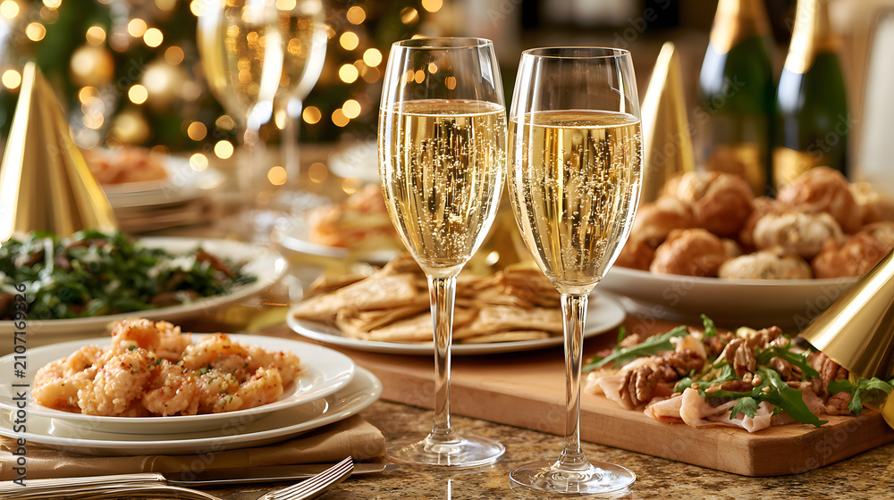 Fototapeta premium New Year Countdown Party Table Setup with Champagne, Appetizers, and Festive Party Hats