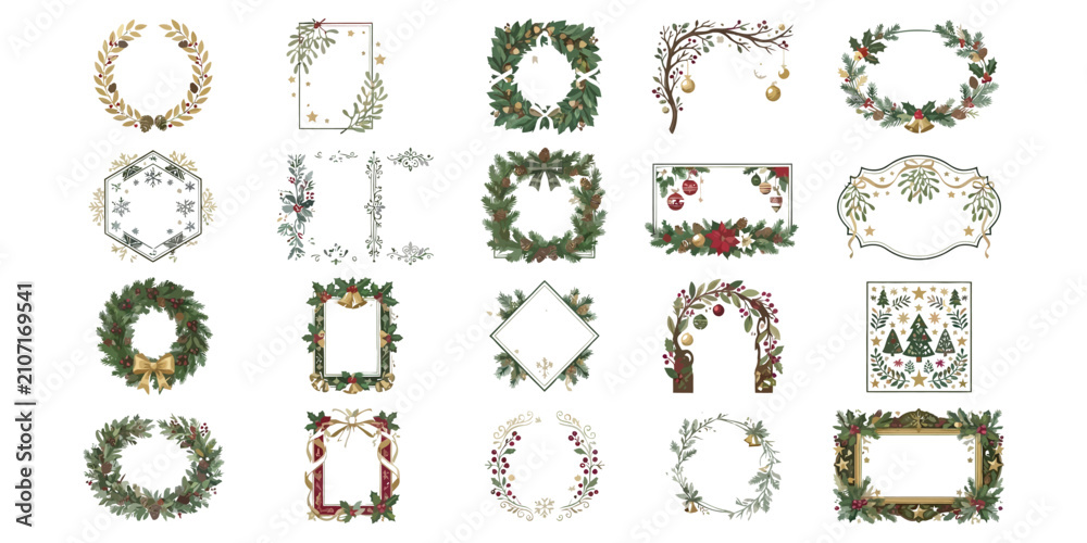 Naklejka premium Christmas wreaths, garlands, frames, and decorative elements for holiday design