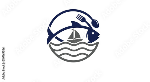 Canvas Print Fish sailboat and cutlery within a circular emblem vector illustration