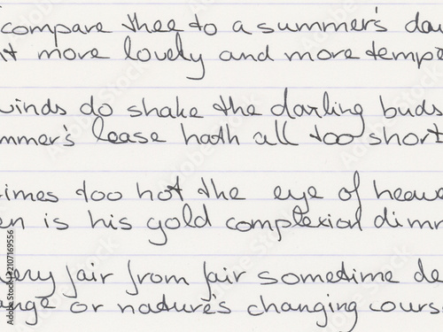 Obraz na płótnie Handwritten text from William Shakespeare's Sonnet 18 is shown on lined paper