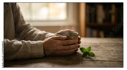 Cozy close up of hands holding warm mug of hot tea with mint leaf on rustic wooden table near window