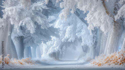 Winter season adventure exploration. A breathtaking winter scene with snowcovered trees and a path winding through them. The trees are blanketed in a thick layer of snow.