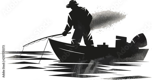Silhouette of a man fishing from a boat on water with a white background in a modern graphic art style with abstract elements and dynamic lines