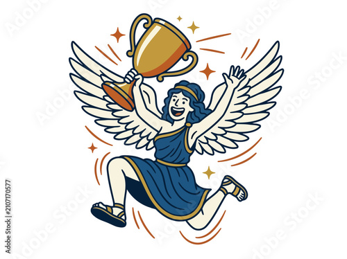 Victorious Woman with Trophy and Wings Celebrating Success.