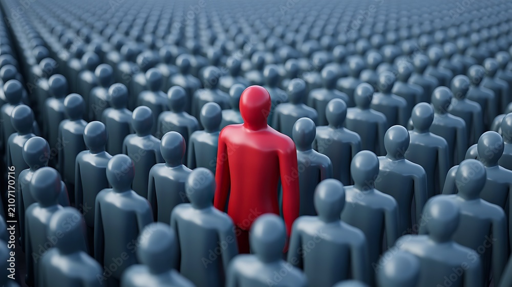 Obraz premium Leadership concept with red figure standing among grey crowd representing individuality