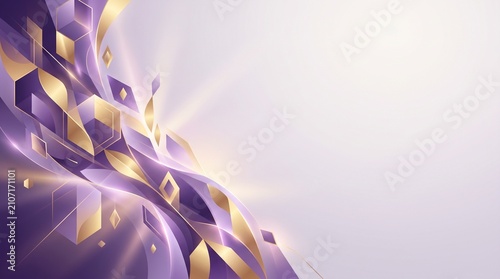 Abstract purple and gold gradient banner with flowing shapes. Luxury seamless background for branding and digital design.
