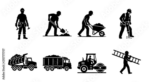 Canvas Print 70 Construction Worker Icons Set, Building Industry Silhouettes, Heavy Machinery
