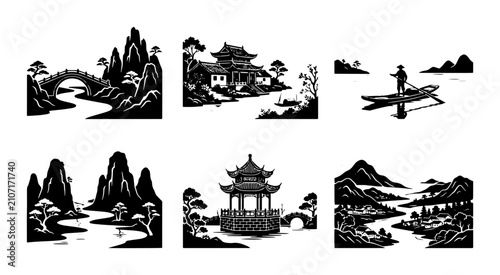 Cuadro en lienzo 70 Serene Asian Landscapes, Traditional Architecture, Mountain Scenery, River Vi
