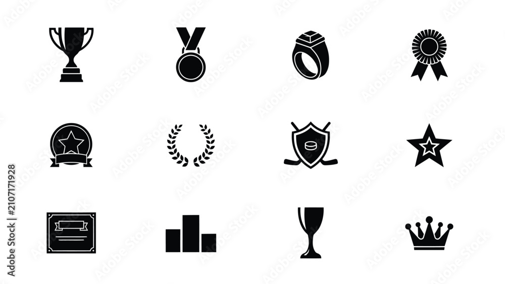 Naklejka premium Achievement icons set featuring trophy medal crown and award symbols in minimalist black design with displays collection twelve distinct prestige through symbols trophies