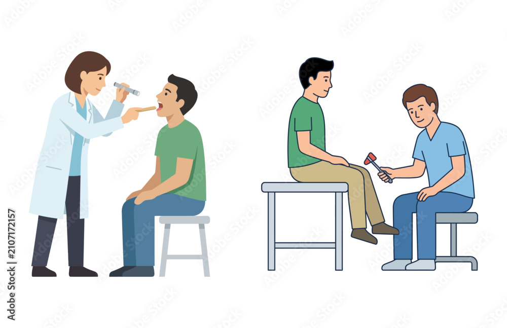 Fototapeta premium Vector illustration of medical checkups including throat examination and knee reflex test