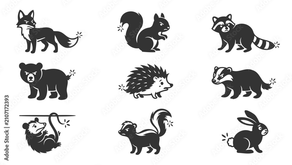 Fototapeta premium Set of upset forest animals with smoking tails in black and white illustration