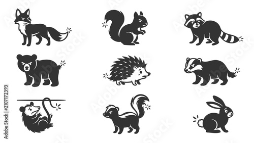 Cuadro en lienzo Set of upset forest animals with smoking tails in black and white illustration