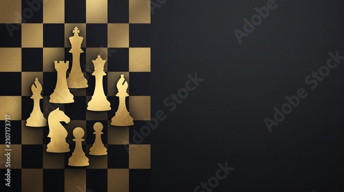 Chess pieces on checkered board ready for strategy game. 3D rendered black and white chess set in dramatic lighting for competition.