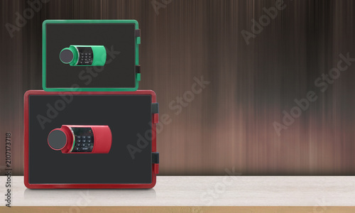 front view smaii green and black steel rectangular safety deposit box on large red and black steel rectangular safety deposit box on wood floor, grey and brown wall background