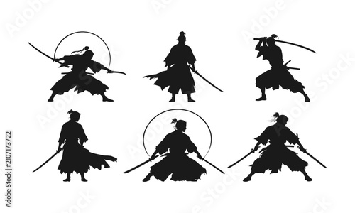Dynamic silhouette collection of samurai warriors in various combat poses with swords and traditional armor