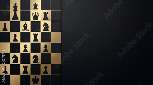 Chess pieces arranged on board in strategic opening formation. Classic black and white game setup for competition or business strategy concept.