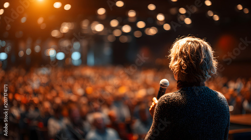 Speaker Holding Microphone Presenting to Large Audience in Auditorium

