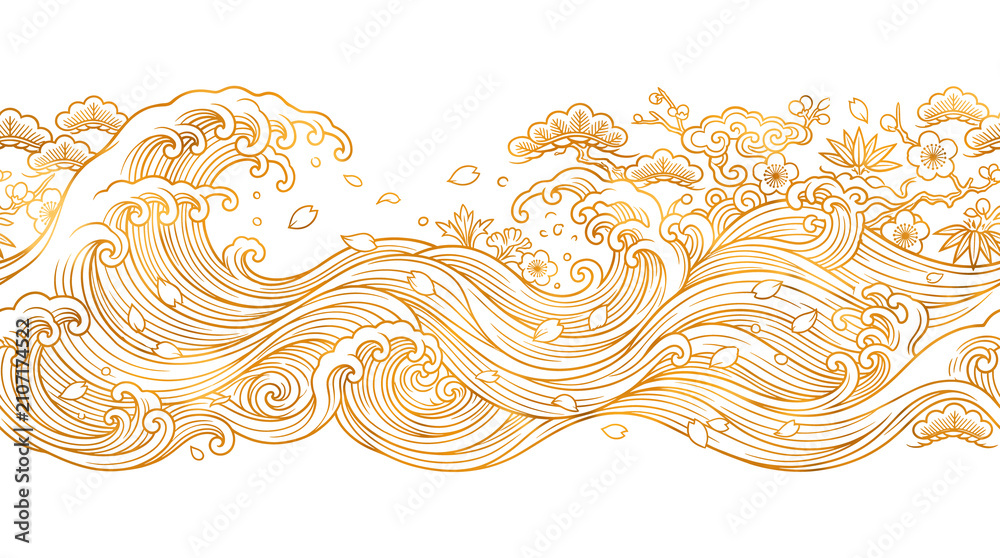 Fototapeta premium Japanese style golden wave border, traditional oriental ocean pattern with pine trees and cherry blossoms, elegant gold line art sea waves