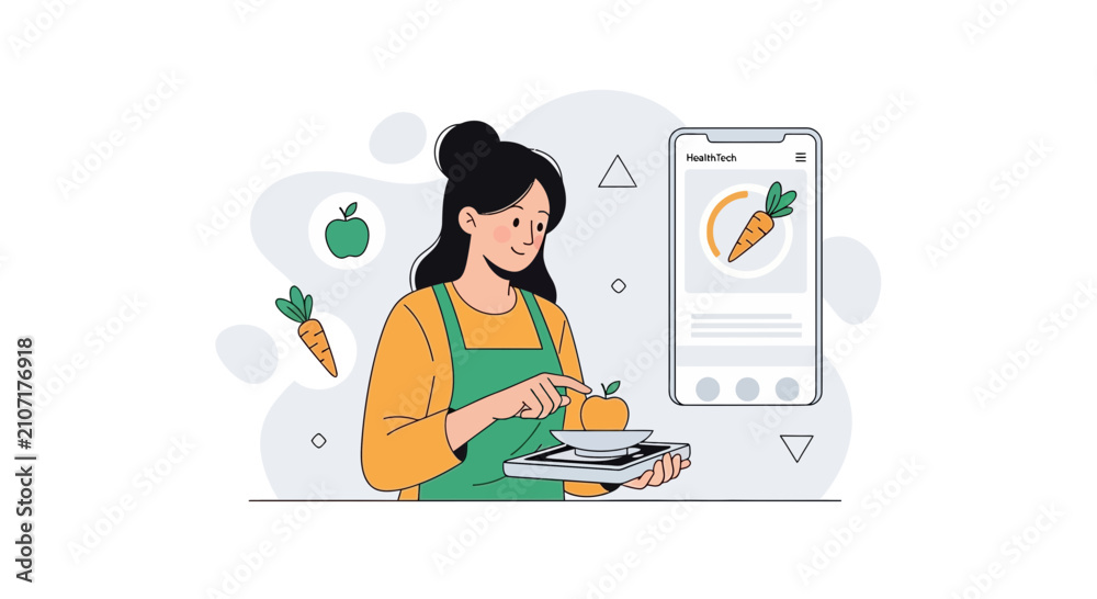 Fototapeta premium Woman Using Health App for Diet and Nutrition Tracking with Healthy Food Choices