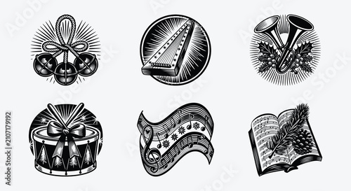 Handcrafted linocut Christmas music vector illustration set featuring festive bells, trumpets, drum, harp, sheet music, and traditional holiday symbols.