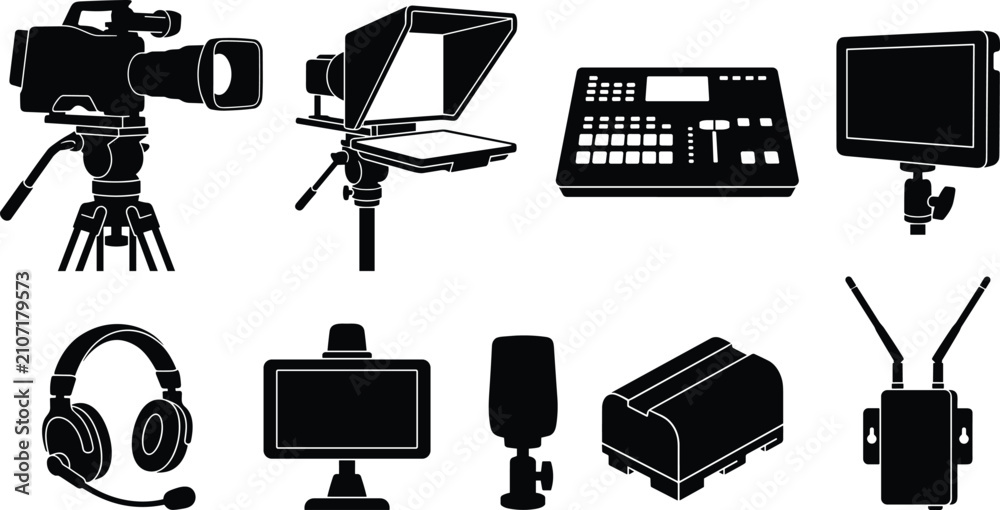 Fototapeta premium Broadcast Video Production Equipment Silhouette Icon Set with Camera Teleprompter Monitor Headset and Wireless Receiver