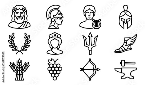 Konstfotografi Generic Greek mythology statues vector icon set with simple bold line art classi