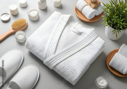 Luxurious spa arrangement white robe slippers and skincare products for relaxation and wellness