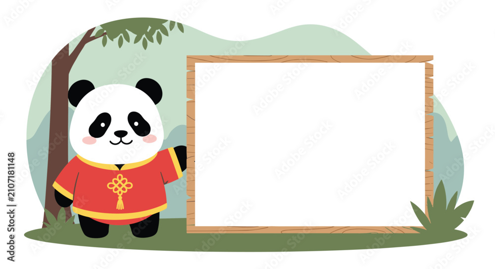 Naklejka premium Cute panda character wearing red traditional Chinese clothes standing next to a large blank wooden sign board.
