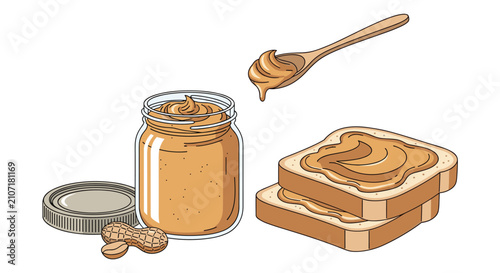 Glass jar of creamy peanut butter with a wooden spoon and two slices of toast bread with nut spread on top.