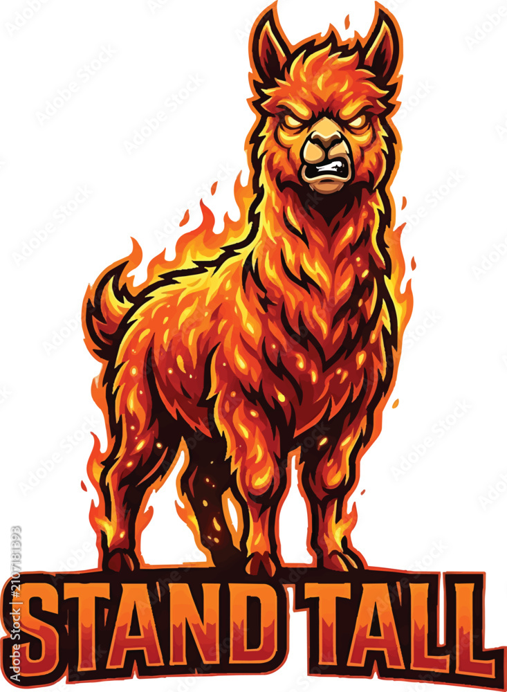 Fototapeta premium Fiery Llama Mascot Design Featuring A Powerful And Fierce Animal Character Engulfed In Intense Flames For Bold Sports Team Branding Or Apparel Graphic Concepts