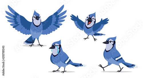 Collection of blue jay birds depicted in various emotional states and actions like crying, laughing, and walking for design elements.