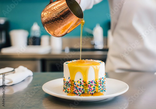 Artisanal mini cake decorated with colorful sprinkles being drizzled with golden caramel sauce by a pastry chef