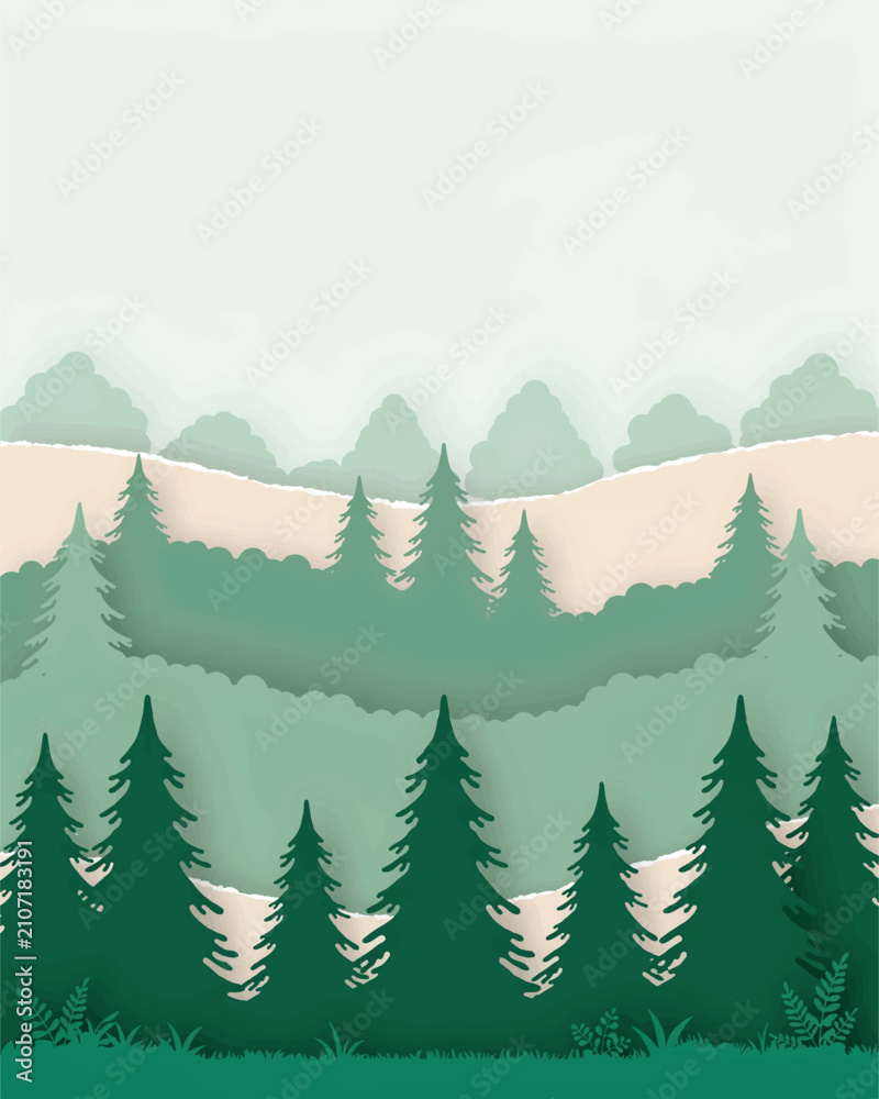 Fototapeta premium Layered coniferous forest landscape with tall pine trees and hilly terrain.