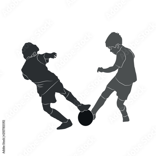 Kids playing soccer silhouette. Isolated black and white kids playing football.