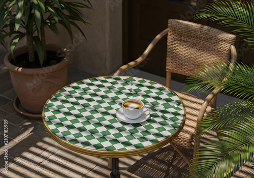 Charming outdoor bistro scene featuring a green and white checkered table with a latte potted plants and wicker chair