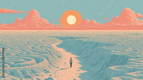 Lone figure walking a narrow path through a vast pale blue canyon under a coral sky
