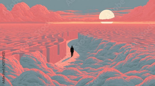 Small silhouette crossing an immense pink rock labyrinth toward the setting sun