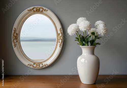 Elegant oval mirror with ornate gold frame reflecting seascape alongside a white ceramic vase with chrysanthemum flowers on wood surface