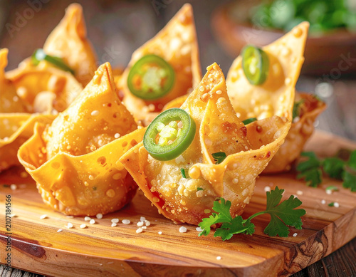 Jalapeño popper wonton cups, deep fried, wooden board AI