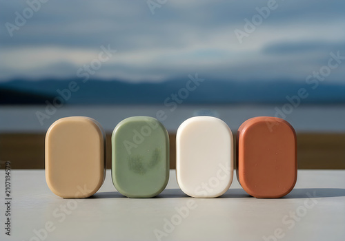 Four colorful soap bars on a table with a scenic lake background