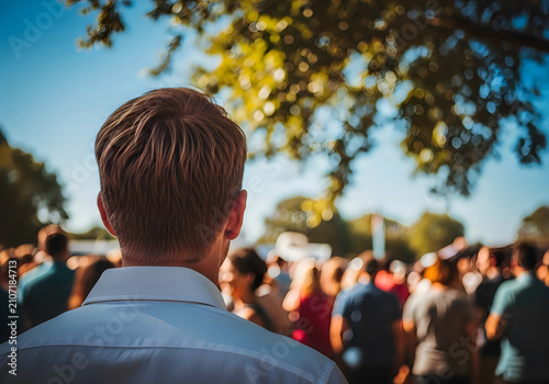 Man in a white shirt looking out at a crowd of people on a sunny day outdoors