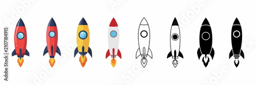 Rocket launch icon set space startup project flat line silhouette vector
