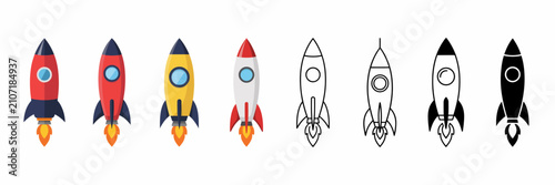 Rocket launch icon set space startup project flat line silhouette vector