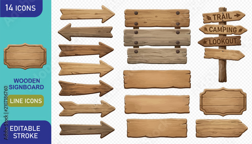 Fourteen rustic wooden signboards and directional arrows for nature trail and camping signage design