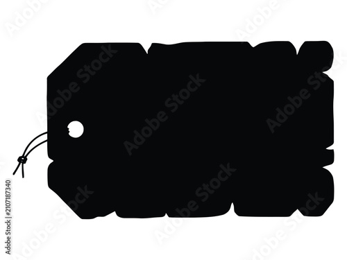 A black silhouette of a rectangular gift tag with a string, isolated on a white background, representing retail, shopping, or labeling concepts
