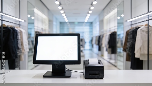 Minimalist retail display with monitor and clothing racks in modern store interior