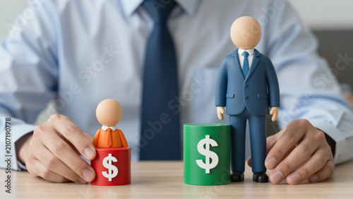 Two Figurines Representing Salary Inequality – Orange and Blue Business Figures on Dollar Sign Pedestals with Hand Holding Smaller One for Illustrating Pay Disparity