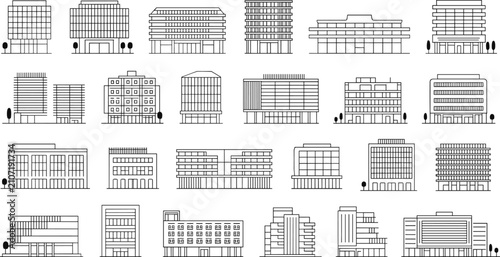 Bild auf Leinwand Urban Architecture Icon Collection with Multi‑Story Buildings, Windows, Balconie